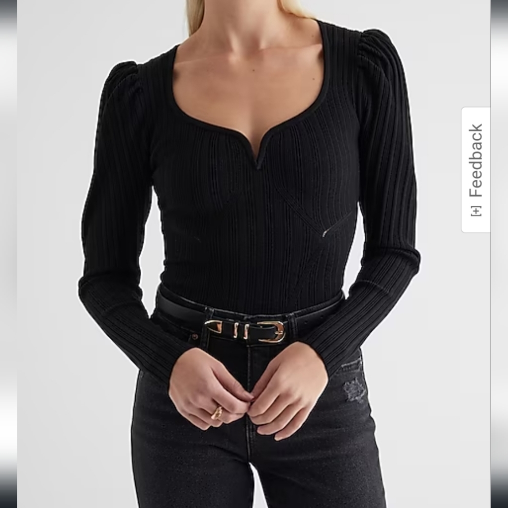 Ribbed Sweetheart Neckline Puff Sleeve Sweater